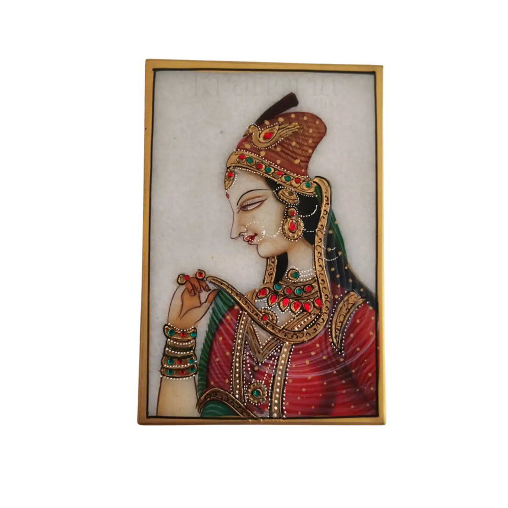 Rajasthan Maharani in Crimson and Gold Marbel Painting Paintings