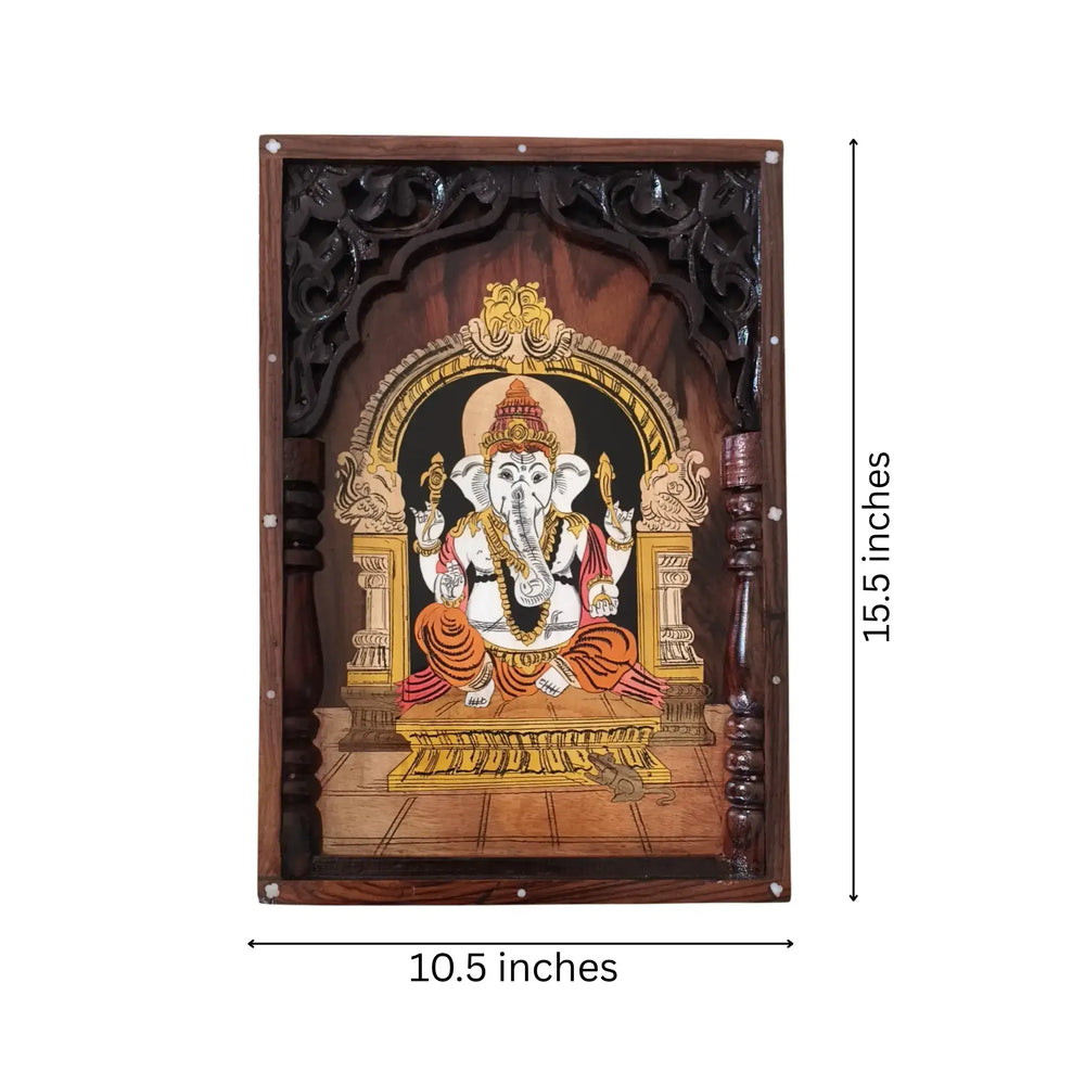 Traditional Rosewood Inlay Wall Art – Lord Ganesha in Divine Temple Arch Inlay Art