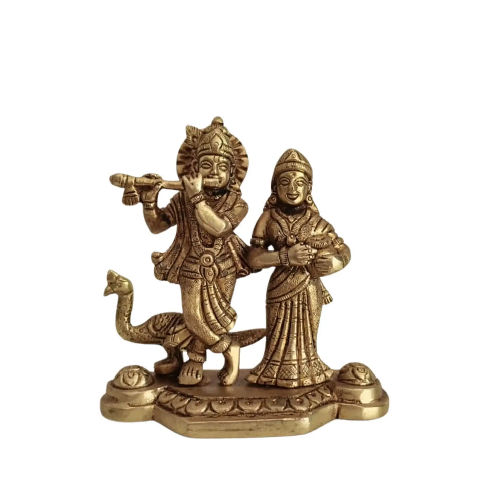 Brass Radha Krishna Idol with Flute and Peacock – Symbol of Eternal Love and Devotion Brass Ware