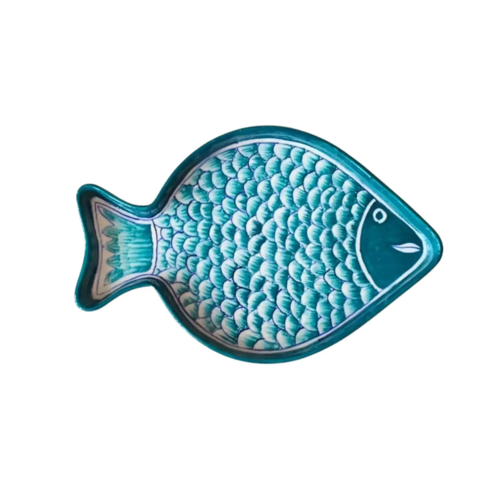 Hand-Painted Teal Blue Pottery Fish Wall Decor | Coastal Quartz Art Pottery