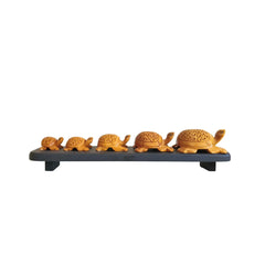 Hand-Carved Wooden Turtle Family Sculpture on Display Base Wood Decorative