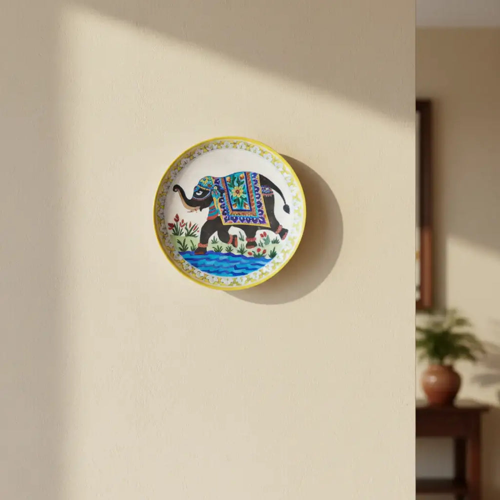 Hand-Painted Indian Elephant Wall Decorative Plate Pottery