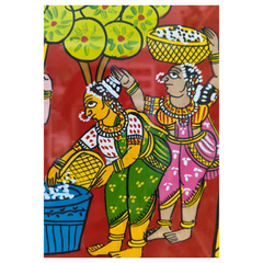 Village Grain Pounding Scene - Telangana Cheriyal Scroll Art Cheriyala Painting