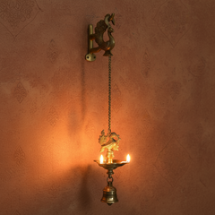 Traditional Brass Hanging Oil Lamp (Diya) with Peacock and Bell