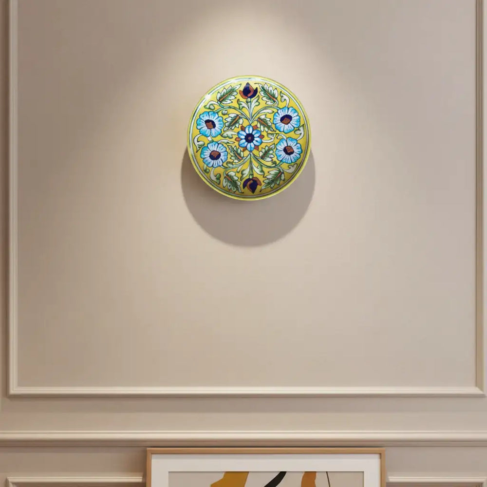 Hand-Painted Blue Pottery Floral Wall Plate | Yellow Decorative Quartz Art Pottery