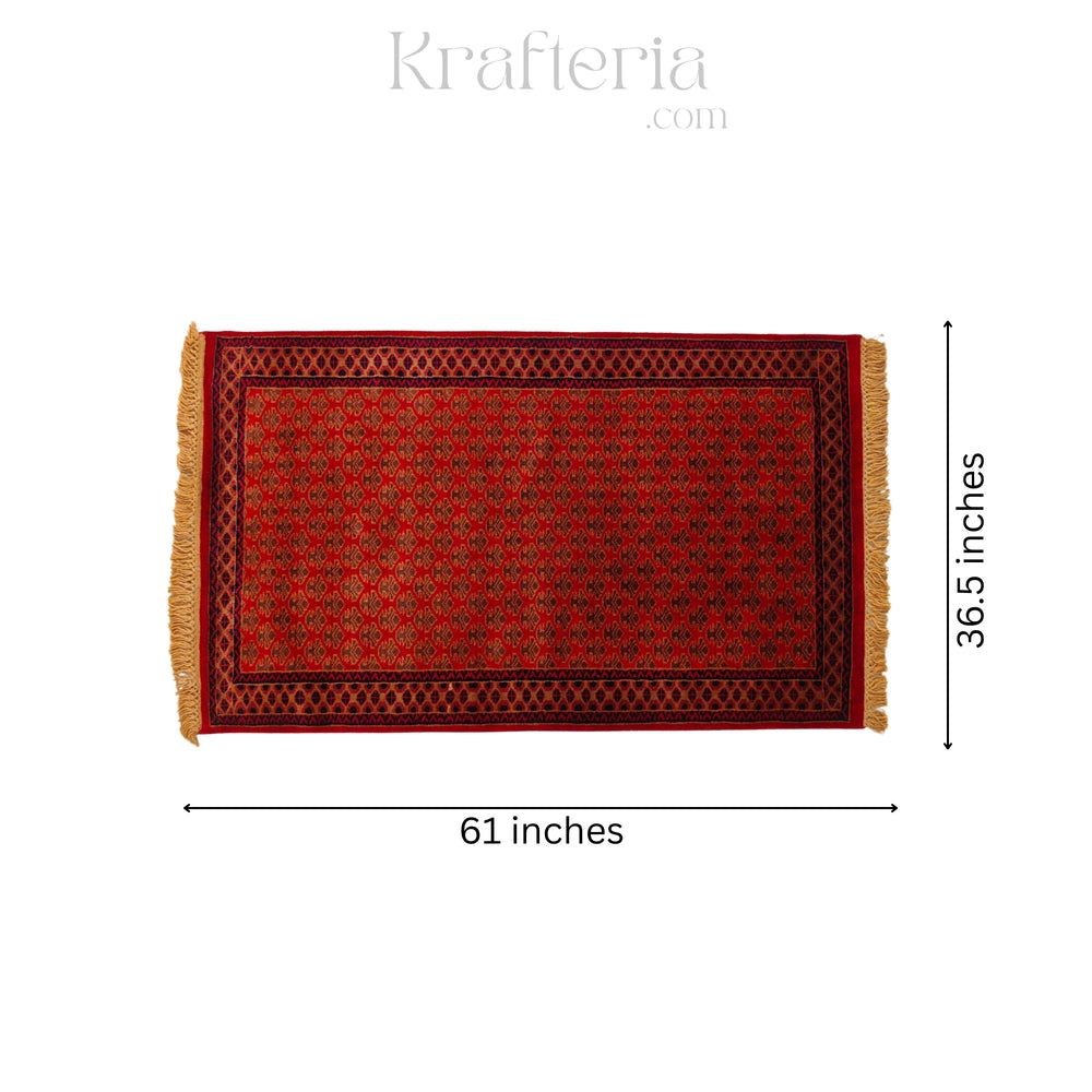 Red patterned rug with dimensions on a white background, featuring the brand 'Krafteria'.