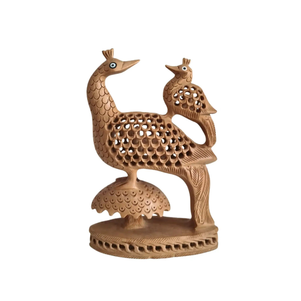 Hand-Carved Wooden Peacock Pair with Filigree Detail Wood Decorative