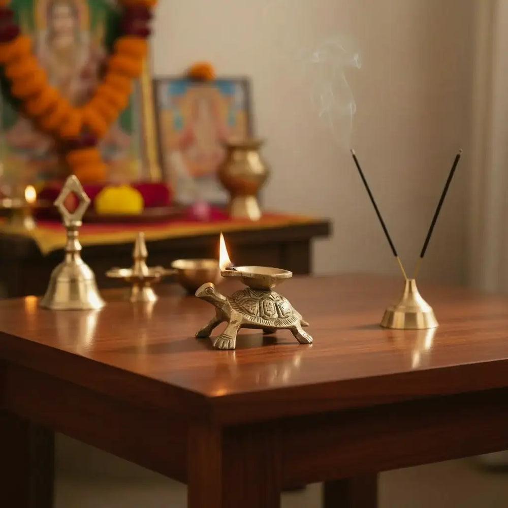 Golden Brass Tortoise Diya (Oil Lamp) - Kurma Vastu Accent Brass Ware