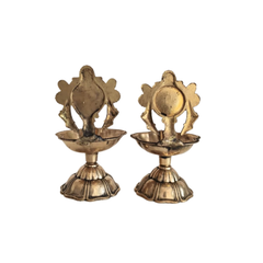 Pair of Ornate Brass Standing Diyas - Traditional Oil Lamps with Auspicious Symbols