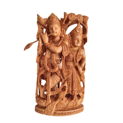 Hand-Carved Wooden Radha Krishna Sculpture with Flute and Peacock Detail