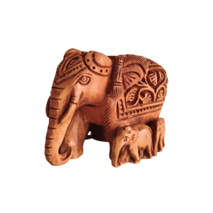 Hand-Carved Wooden Elephant Family with Intricate Details