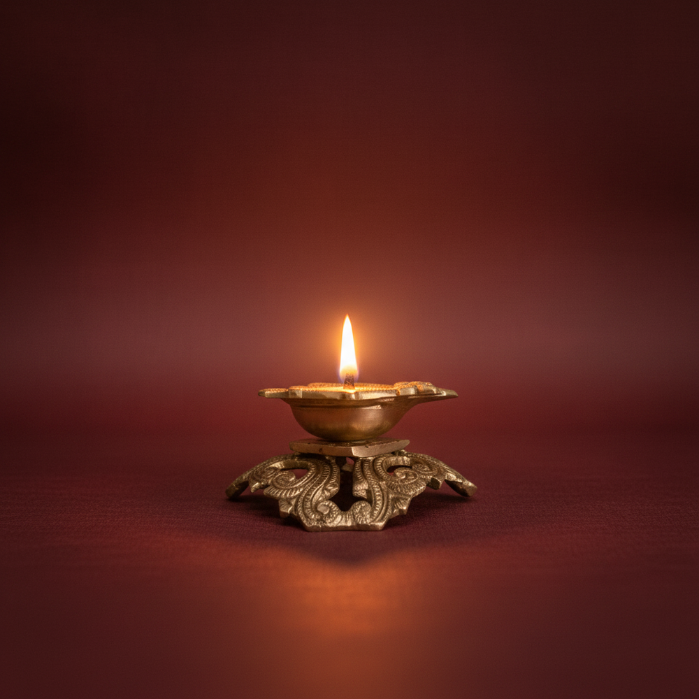 Ornate Pedestal Brass Diya | Handcrafted Traditional Oil Lamp Brass Artwork
