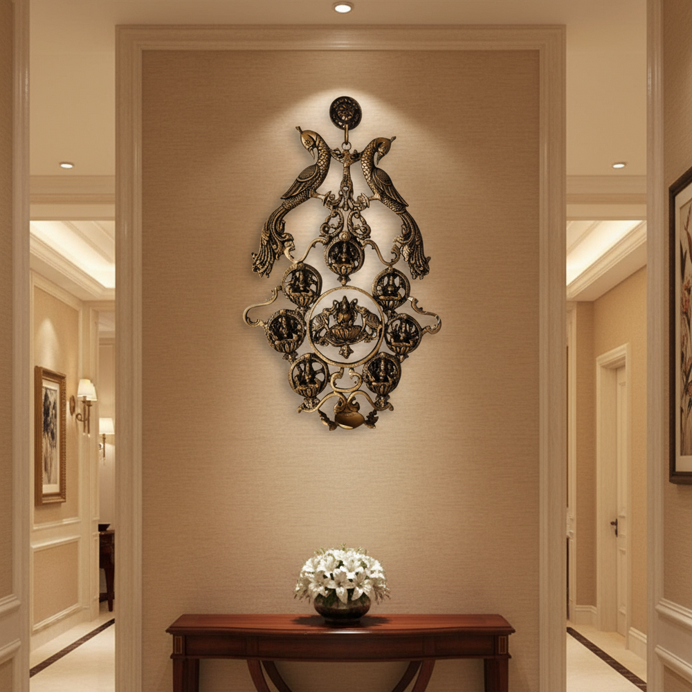 Grand Brass Ashta Lakshmi Wall Hanging with Peacocks - Divine Prosperity Decor Brass Ware