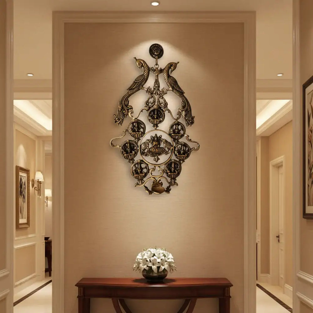 Grand Brass Ashta Lakshmi Wall Hanging with Peacocks - Divine Prosperity Decor Brass Ware