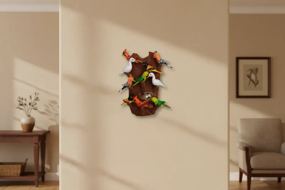Handcrafted Telangana Nirmal wooden tree with birds décor