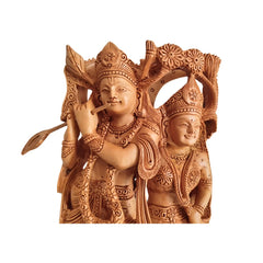 Hand-Carved Wooden Radha Krishna Sculpture with Flute and Peacock Detail Wood Decorative