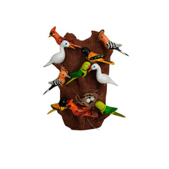 Hand-painted Nirmal birds on wooden tree wall art