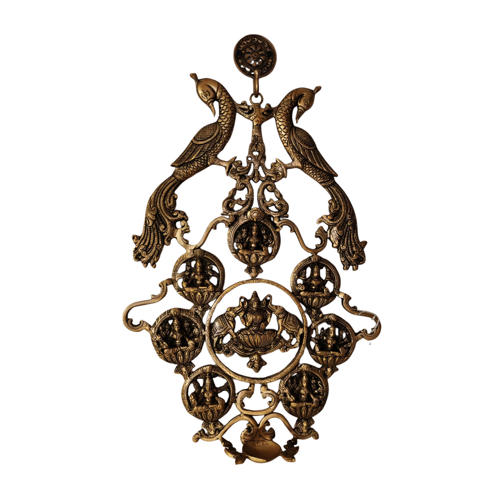 Grand Brass Ashta Lakshmi Wall Hanging with Peacocks - Divine Prosperity Decor Brass Ware