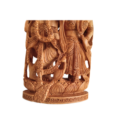 Hand-Carved Wooden Radha Krishna Sculpture with Flute and Peacock Detail