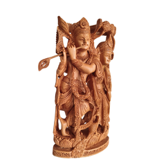 Hand-Carved Wooden Radha Krishna Sculpture with Flute and Peacock Detail