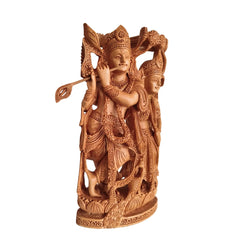 Hand-Carved Wooden Radha Krishna Sculpture with Flute and Peacock Detail Wood Decorative