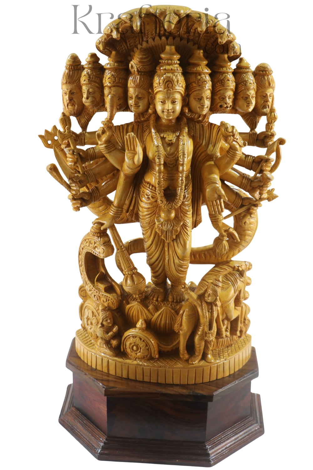 Gold-colored multi-armed statue on a wooden base with 'Kripa' branding.