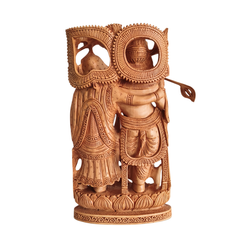 Hand-Carved Wooden Radha Krishna Sculpture with Flute and Peacock Detail