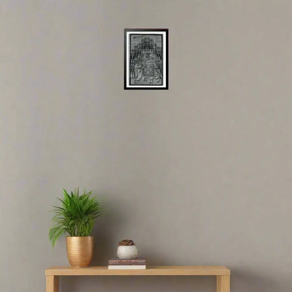 Royal Procession on an Elephant - Indian Miniature Painting in Black and White Paintings