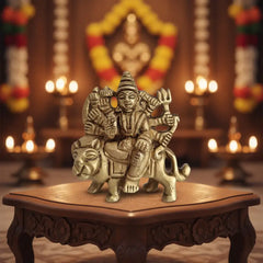 Brass Idol of Goddess Durga Riding Her Lion Vahana Brass Ware