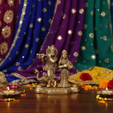 Brass Radha Krishna Idol with Flute and Peacock – Symbol of Eternal Love and Devotion Brass Ware