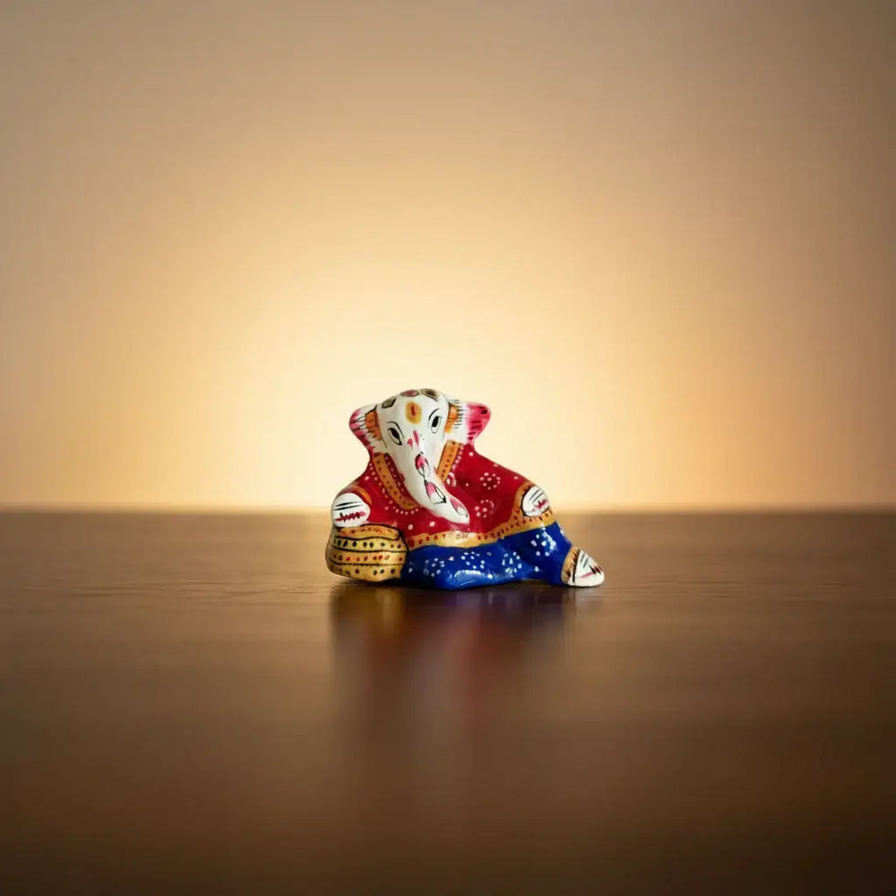 Folk Art Lord Ganesha Idol in Red, Blue, and Gold Patka Style Marble Soft Stone