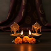 Handcrafted Brass Shankh Chakra Table Diya Set | Traditional Spiritual Oil Lamps Brass Artwork