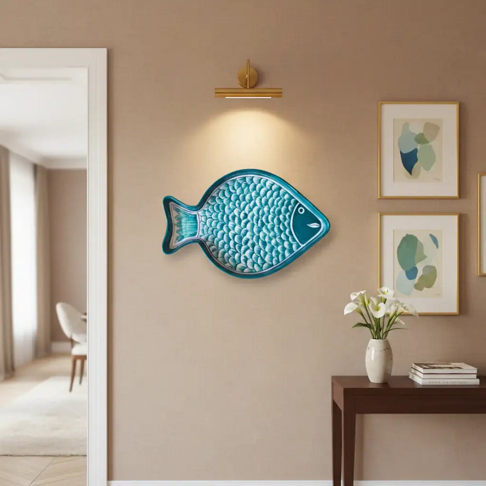Hand-Painted Teal Blue Pottery Fish Wall Decor | Coastal Quartz Art Pottery