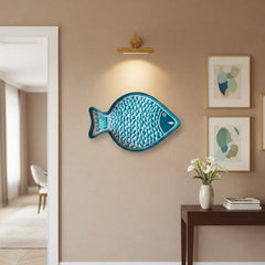 Hand-Painted Teal Blue Pottery Fish Wall Decor | Coastal Quartz Art Pottery