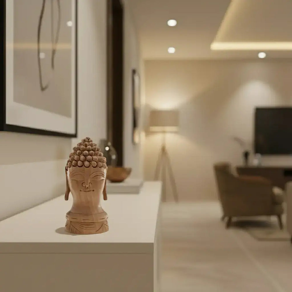 Buddha Wooden Head Statue | Hand-Carved Spiritual Decor maruthi handicrafts