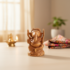 Wooden Ganesh Statue with Turban | Handcrafted Hindu Deity Figurine