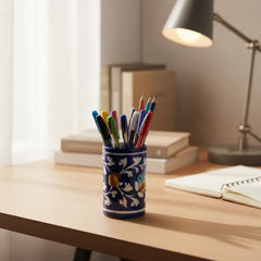 Hand-Painted Blue Pottery Pen Stand | Desk Organizer Pottery