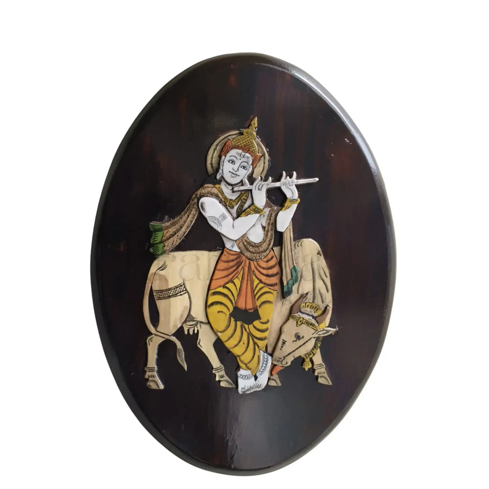 Divine Krishna with Cow in Rosewood Oval Inlay Frame Inlay Art
