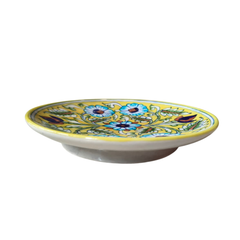 Hand-Painted Blue Pottery Floral Wall Plate | Yellow Decorative Quartz Art