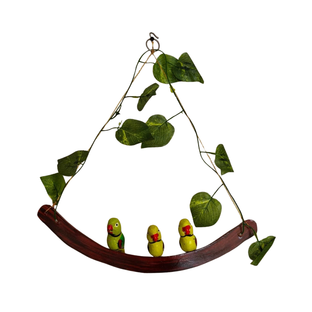Colorful Nirmal parrot family wooden wall hanging