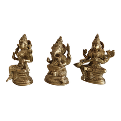 Lakshmi Ganesha Saraswati Statue Set - Brass Murti Trio Brass God Idol Set