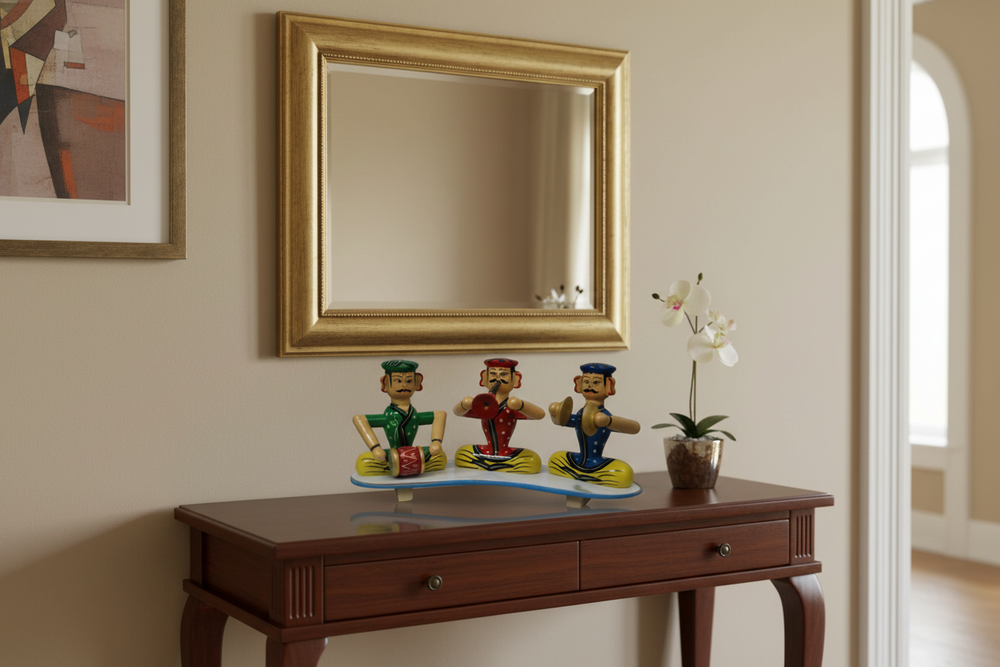 Traditional Channapatna Music Band – Set of 3 Colorful Wooden Men Figurines Wooden Lacquerware&toys