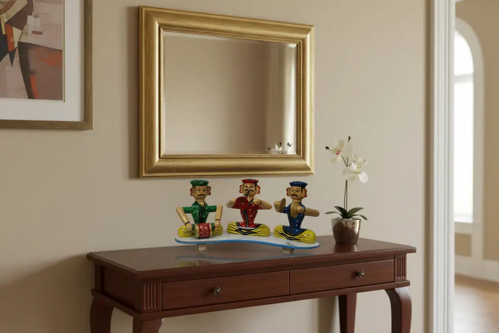 Traditional Channapatna Music Band – Set of 3 Colorful Wooden Men Figurines Wooden Lacquerware&toys