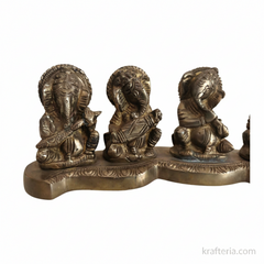 Brass Musical Ganesha Set – 5 Piece Divine Orchestra on Single Pedestal Brass Artwork