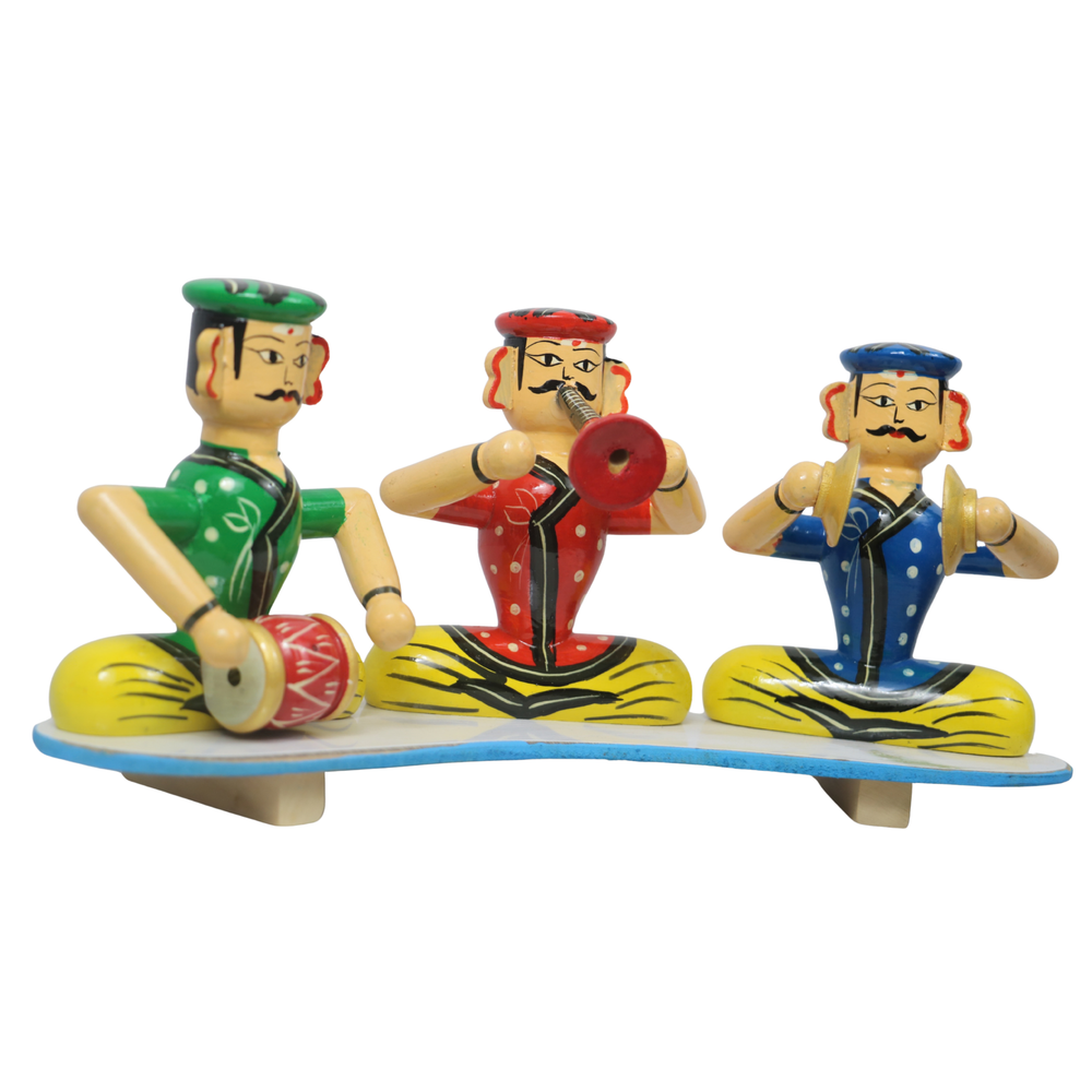 Colourful Channapatna wooden music band with three men figures