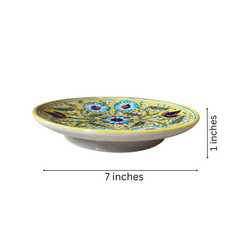 Hand-Painted Blue Pottery Floral Wall Plate | Yellow Decorative Quartz Art