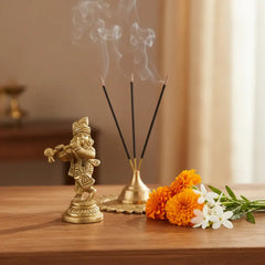 Miniature Golden Brass Lord Krishna Flute Player Idol (Bala Krishna Murti) Brass Ware