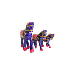 Set of 3 Hand-Painted Wooden Horses - Royal Blue & Pink Indian Folk Art Decor Wood Decorative