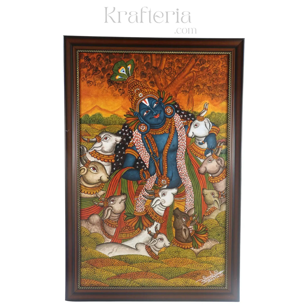 Kerala Mural Painting – Krishna in Vrindavan with Cows Paintings