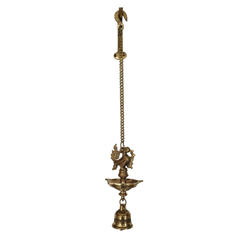 Traditional Brass Hanging Oil Lamp (Diya) with Peacock and Bell